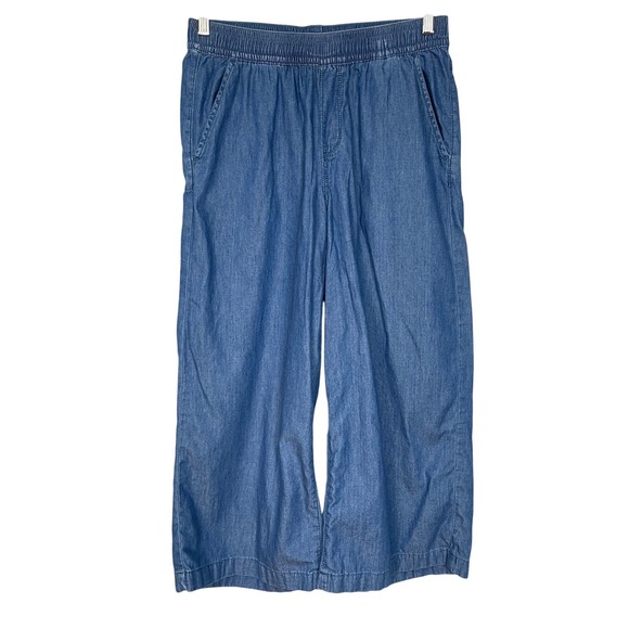 Topten Pants - Korean Wide Leg Pants Chambray Cropped Women Cotton Blue Elastic Waist Casual